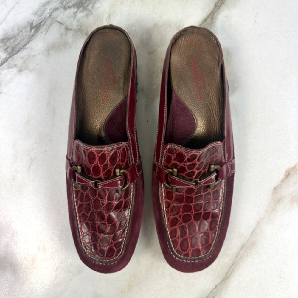 Sesto Meucci Women's Red Crocodile Embossed Leather Driving Loafers Mules, 10